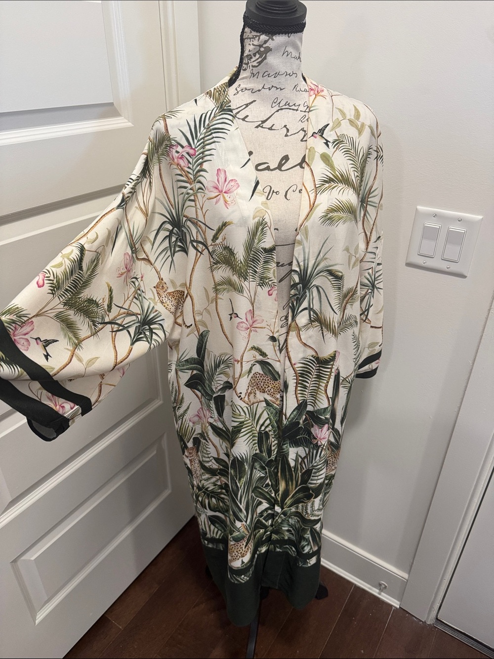 H&M Ivory Kimono with Green and Pink Botanical Print